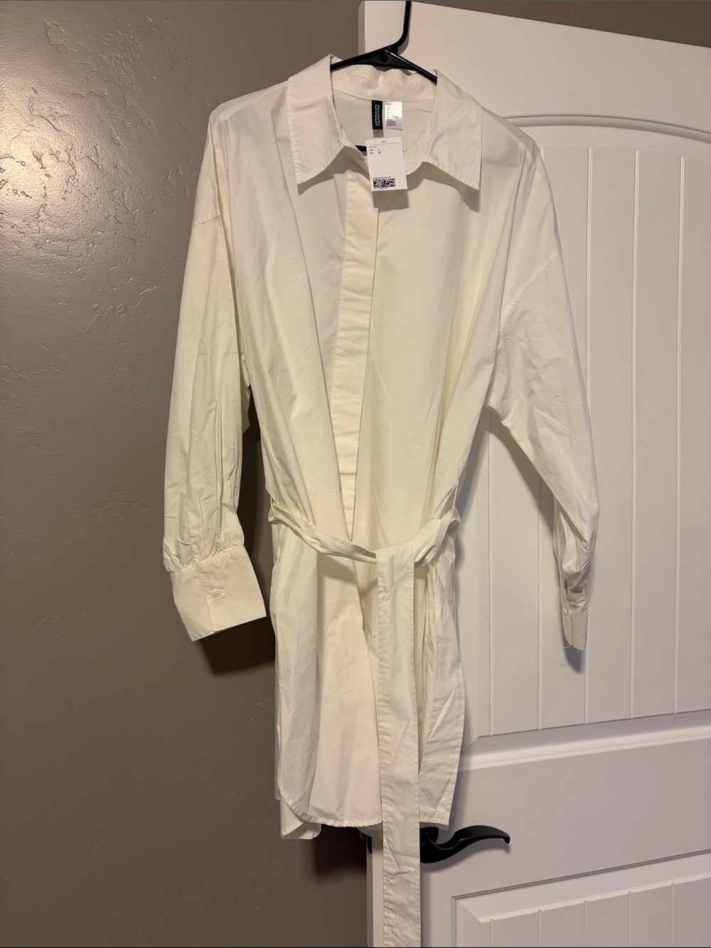H&M Cream Long Sleeve Shirt Dress with Waist Tie